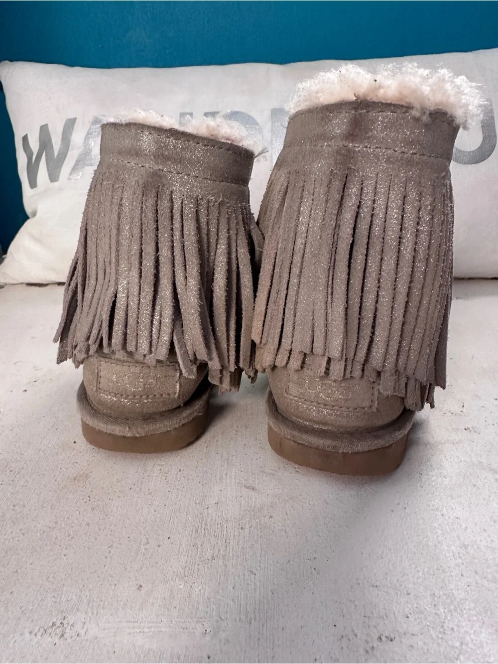 UGG Taupe Fringe Shearling Short Boots